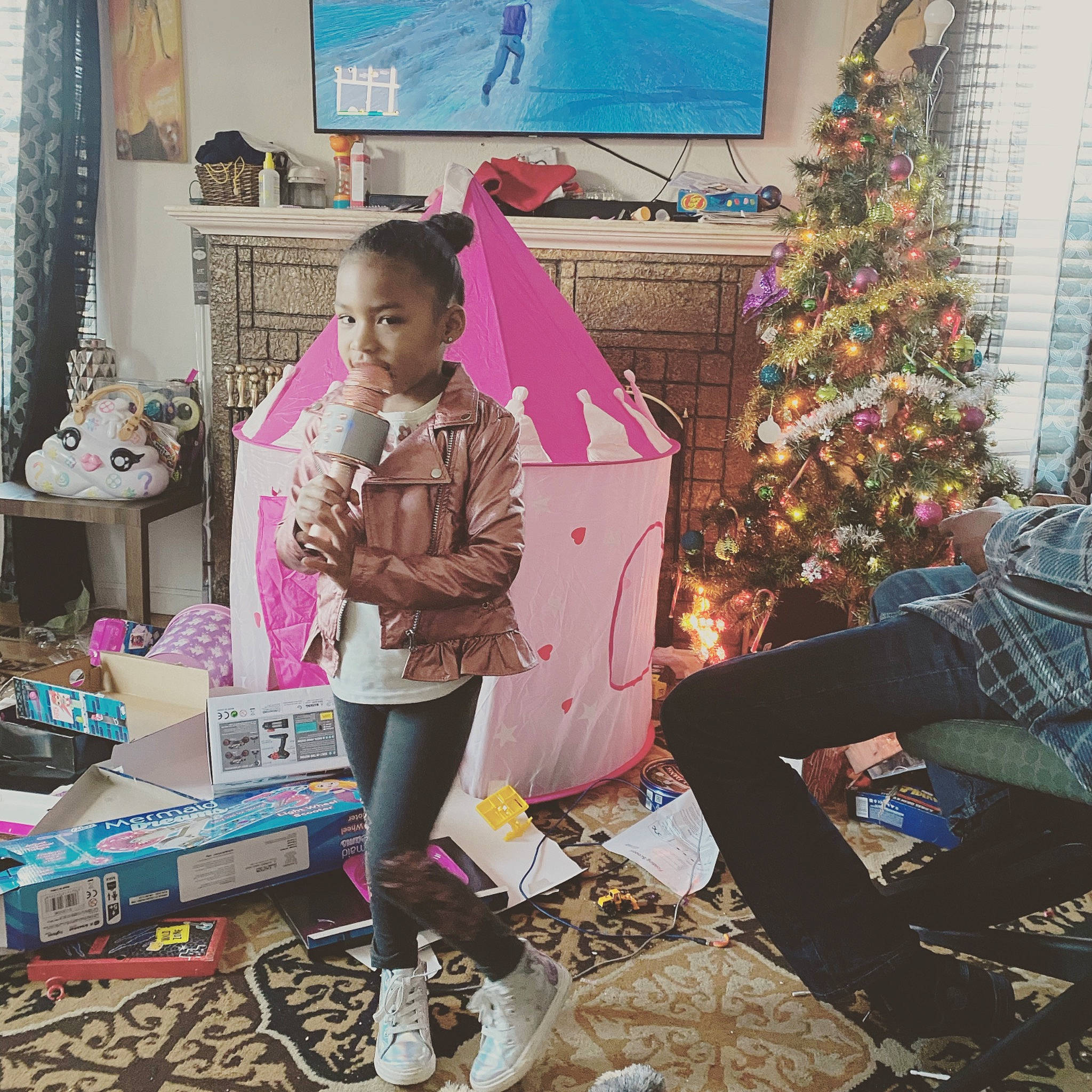 Jersey joined the competition — help win amazing prizes! blue, christmas_decoration, christmas_ornament, christmas_tree, conifer, curtain, event, fashion_design, fun, holiday, holiday_ornament, leisure, luggage_and_bags, magenta, ornament, person, pink, room, shopping, snapshot