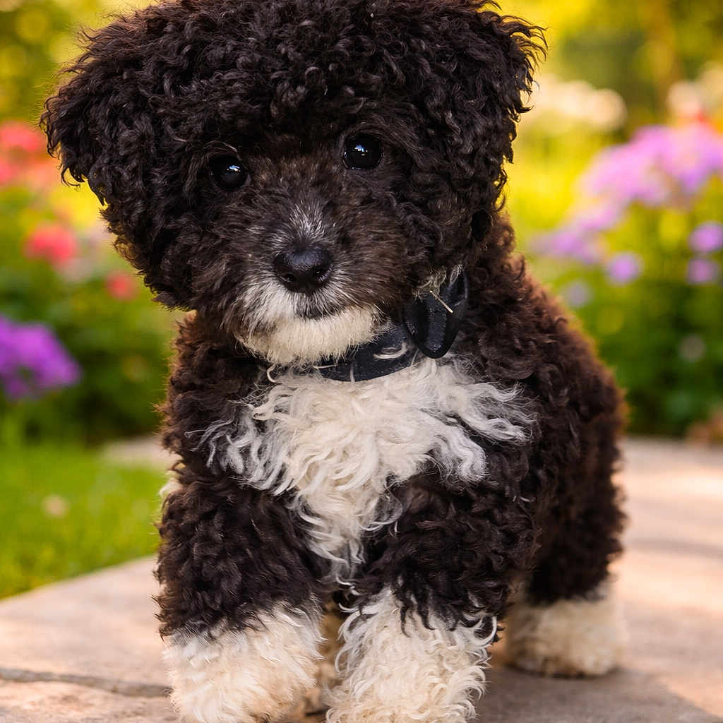 Minnie is registered to the contest to win money with this photo: puppy, dog, curly_fur, black_and_white, cute, walking, outdoor, garden, flowers, path, sunlight, nature, pet, young, fluffy, small, animal, adorable, playful, summer