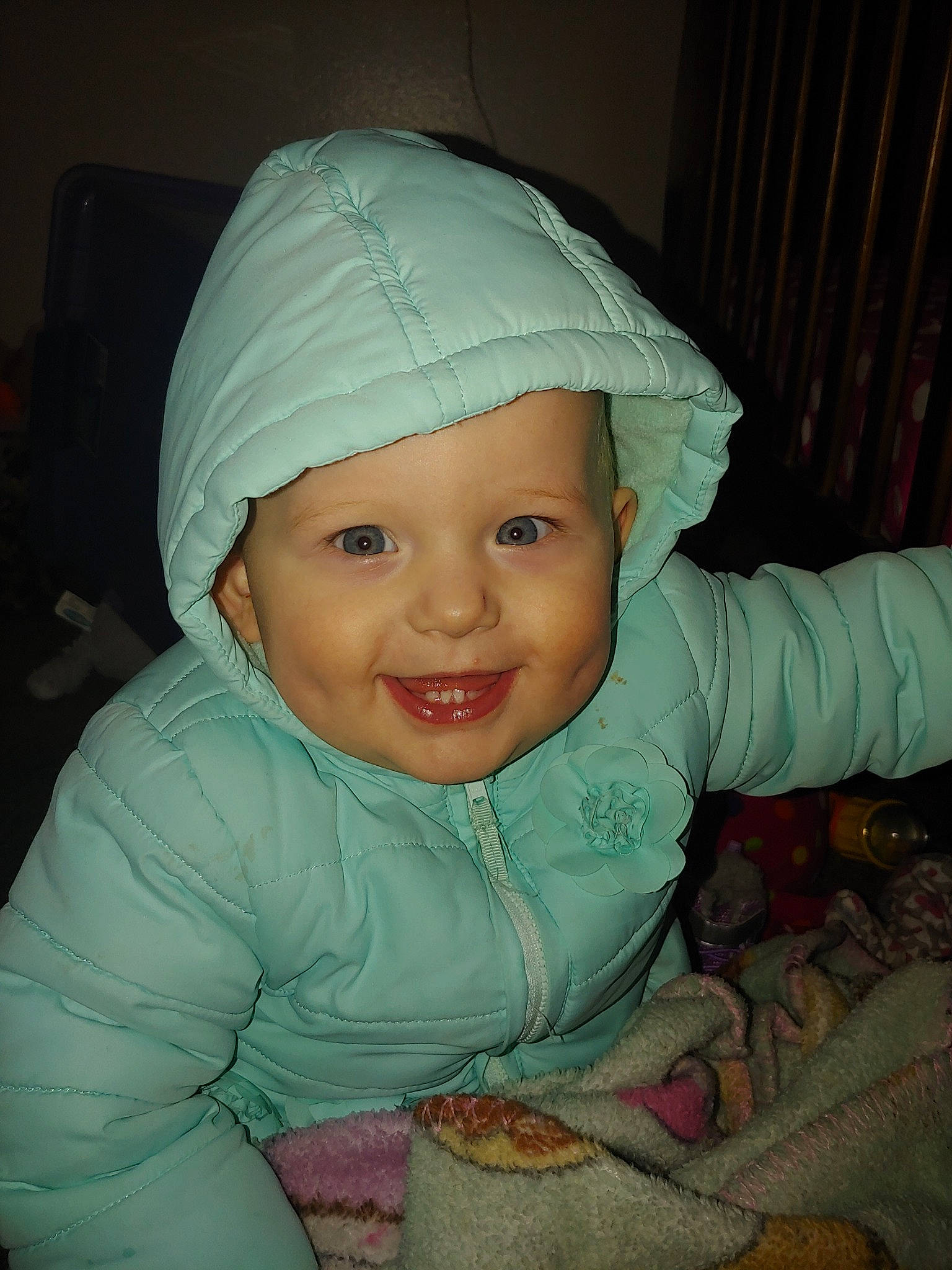Annabella is registered to the contest to win money with this photo: baby, bonnet, cheek, child, eye, head, headgear, headwear, joy, lip, person, skin, smile, toddler