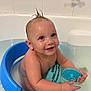 baby, bathtub, bath, water, child, toy, blue, smile, hair, wet, skin, seat, happy, playful, toddler, person, indoor, bathroom, cute, fun