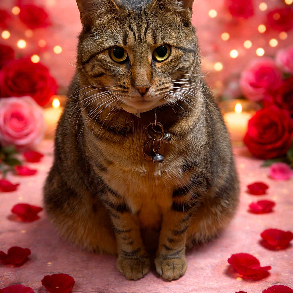 Daisy is registered to the contest to win money with this photo: animal, background_blur, candles, cat, close_up, collar, cute, decor, feline, heart_bokeh, indoor, love_theme, pet, portrait, romantic, rose_petals, roses, soft_lighting, tabby_cat, whiskers