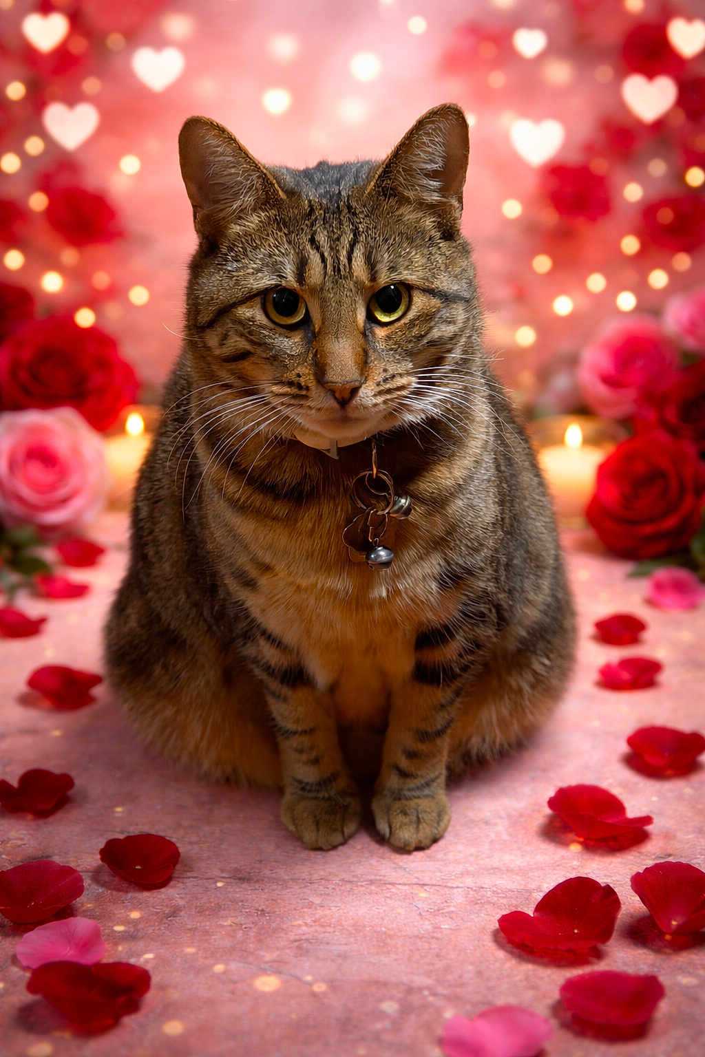 Daisy is registered to the contest to win money with this photo: cat, tabby_cat, rose_petals, roses, candles, heart_bokeh, romantic, pet, animal, feline, whiskers, collar, indoor, close_up, portrait, cute, soft_lighting, decor, love_theme, background_blur