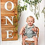 baby, child, smile, wicker_chair, romper, greenery, vines, wooden_sign, one, birthday, portrait, studio, cute, infant, sitting, happy, decor, white_background, celebration, small_chair