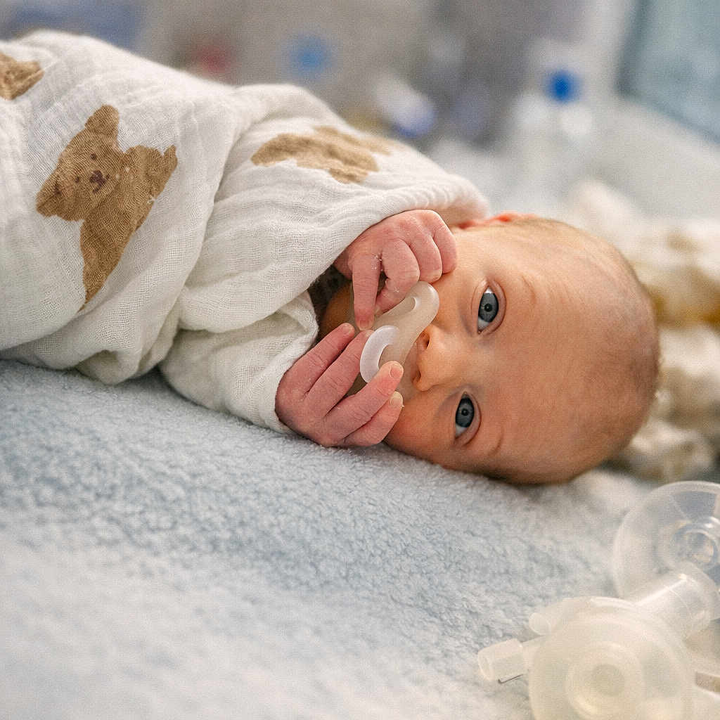 Louis participe au concours pour gagner de l'argent avec cette photo : baby, bed, blanket, blue_eyes, clothing, comfort, cute, face, hand, indoors, infant, lying_down, newborn, nursery, pacifier, peaceful, resting, soft_texture, teddy_bear_print, young_child