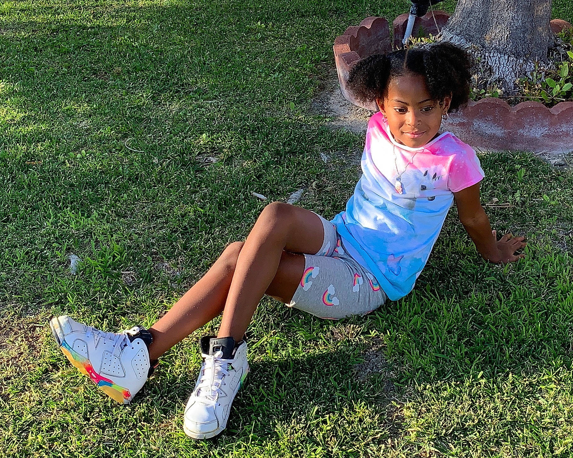 Kyi Carter is registered to the contest to win money with this photo: child, fun, garden, grass, happy, joy, lawn, leg, leisure, person, plant, play, shoe, sitting, summer, thigh, toddler, vacation
