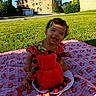 baby, child, smiling, curly_hair, hair_clip, watermelon_cake, berries, picnic_blanket, cherry_pattern, outdoor, grass, sunlight, plate, happy, sitting, summer, food, fruit, nature, portrait