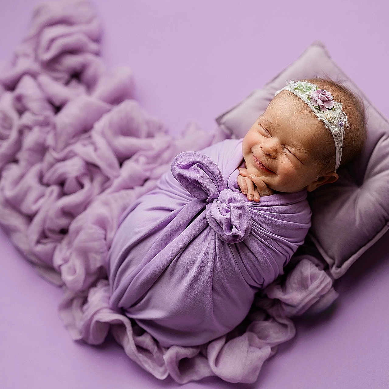 Margot joined the competition — help win amazing prizes! baby, blanket, child, closeup, cute, fabric, headband, infant, lavender, newborn, peaceful, pillow, portrait, purple, resting, sleeping, smiling, soft, studio, wrapped
