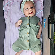 Romy participe au concours pour gagner de l'argent avec cette photo : baby, infant, smile, romper, headband, blanket, stroller, cute, clothing, hand, foot, face, happy, lying_down, child, person, indoors, soft_texture, button, pink