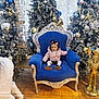 child, toddler, chair, blue_chair, pink_jacket, christmas_tree, ornaments, nutcracker, eiffel_tower_model, holiday_decor, frosted_trees, indoor, floor, wooden_floor, festive, winter_clothing, person, decorations, toy, seat