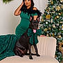 black_dog, bow, celebration, christmas_tree, couch, dog, festive, fur, furniture, gold_decorations, green_dress, happy, holiday, indoor, ornaments, portrait, pose, smiling, woman, wreath