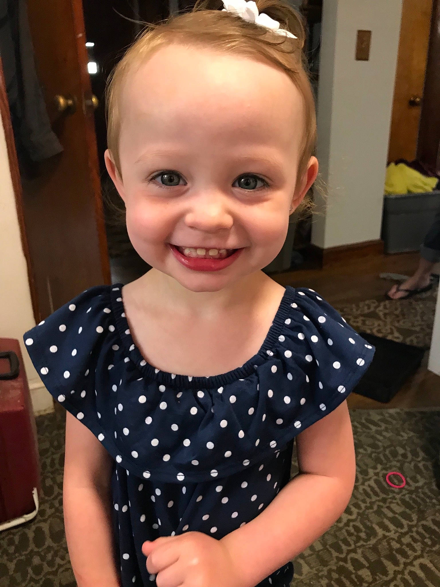 Elle joined the competition — help win amazing prizes! cheek, child, design, face, head, joy, pattern, person, polka_dot, skin, smile, toddler