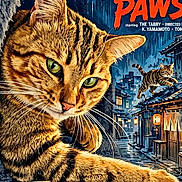 Hermès a rejoint le concours — aidez-le/la à gagner de superbes lots ! animal, blue_background, bold_typography, cat, cityscape, feline, fictional_art, horror_theme, illustration, japanese_style, large_cat, movie_poster, night, orange_fur, rain, retro, rooftop, tabby_cat, vintage_poster, whiskers