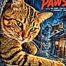 animal, blue_background, bold_typography, cat, cityscape, feline, fictional_art, horror_theme, illustration, japanese_style, large_cat, movie_poster, night, orange_fur, rain, retro, rooftop, tabby_cat, vintage_poster, whiskers