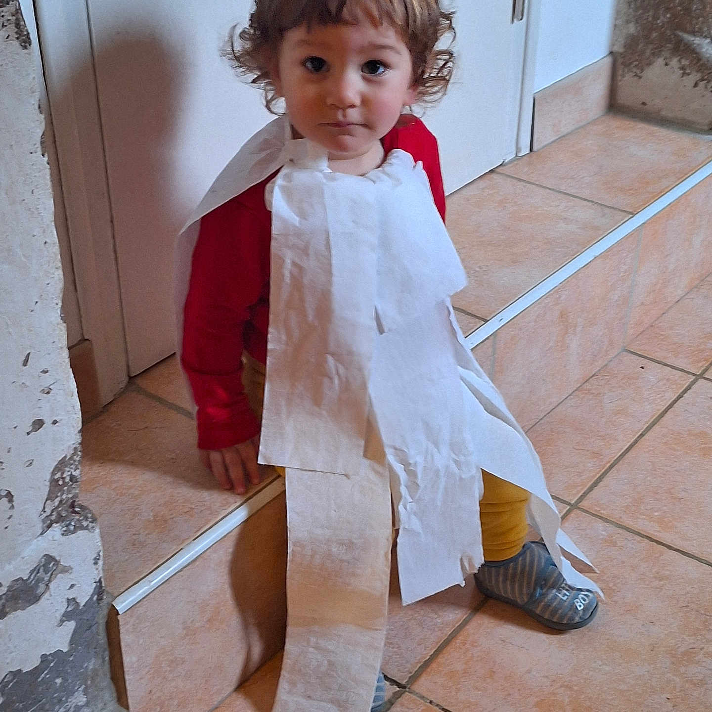 Favio a rejoint le concours — aidez-le/la à gagner de superbes lots ! blue_slippers, cape, child, costume, curly_hair, door, expression, footwear, home, indoor, playful, portrait, red_shirt, sitting, steps, tiles, toddler, toilet_paper, wall, yellow_pants