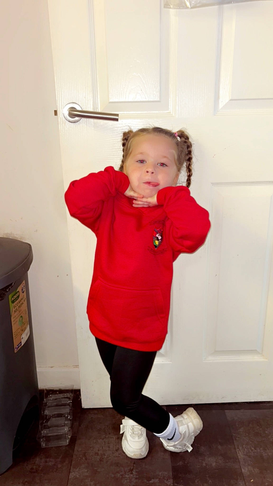 Harper-leigh is registered to the contest to win money with this photo: baby_toddler_clothing, child, door, event, flooring, fun, happy, human_leg, knee, person, room, shoe, sleeve, smile, sock, sportswear, sweatpant, thigh, toddler, trunk