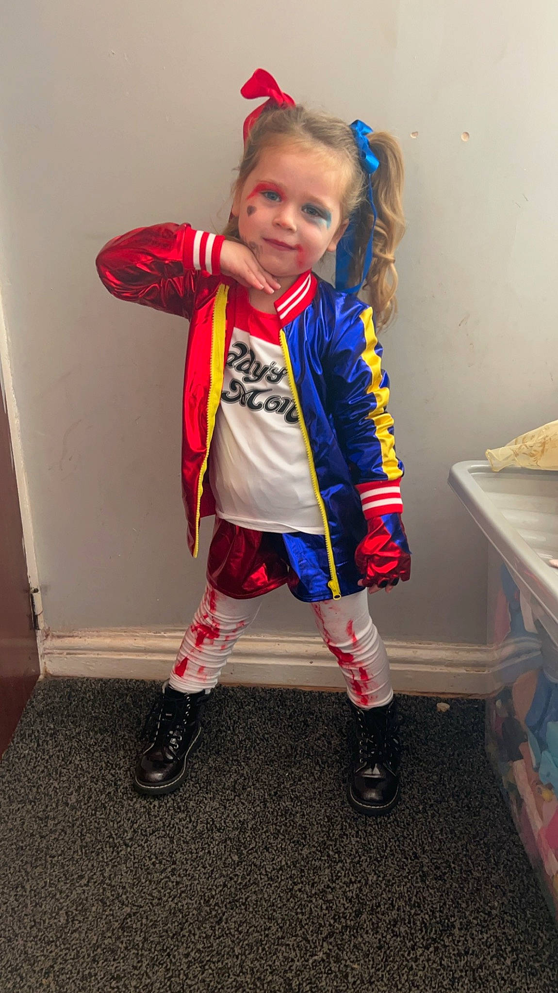 Harper-leigh is registered to the contest to win money with this photo: baby_toddler_clothing, boot, child, costume, electric_blue, face, fashion_design, fun, hair, happy, headgear, human_leg, joy, knee, outerwear, pattern, person, sleeve, sneakers, sock