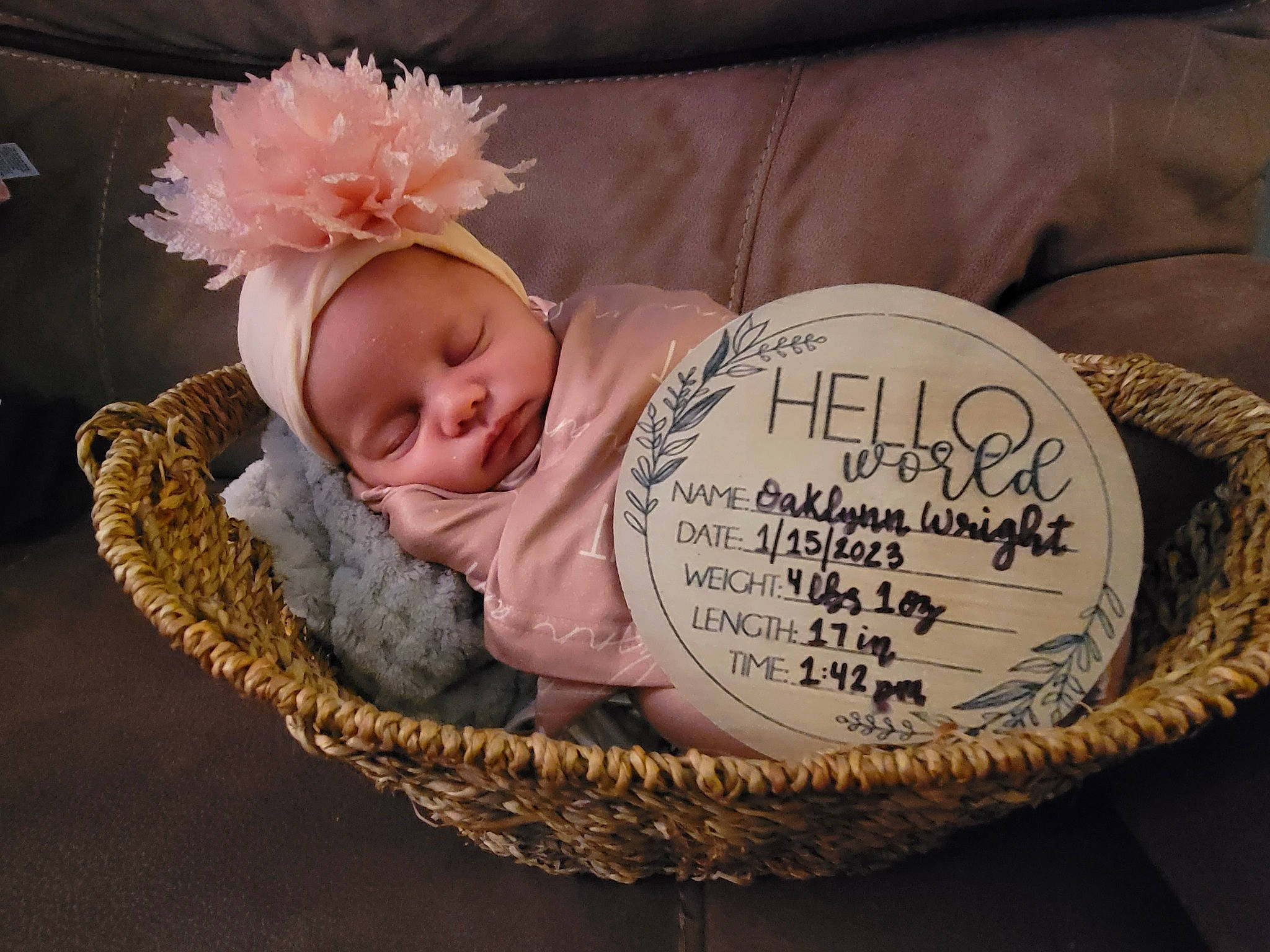 Oaklynn joined the competition — help win amazing prizes! baby, baby_products, baby_sleeping, baby_toddler_clothing, basket, cheek, child, comfort, fashion_accessory, flower, grass, hat, headband, headgear, headwear, person, petal, plant, sitting, toddler