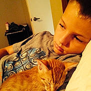 Zuma is registered to the contest to win money with this photo: child, cat, orange_cat, sleeping, cuddling, bed, bedroom, portrait, face, blond_hair, casual_clothing, gray_shirt, indoors, home, pet, kitten, relaxed, cozy, warm_lighting, closeup