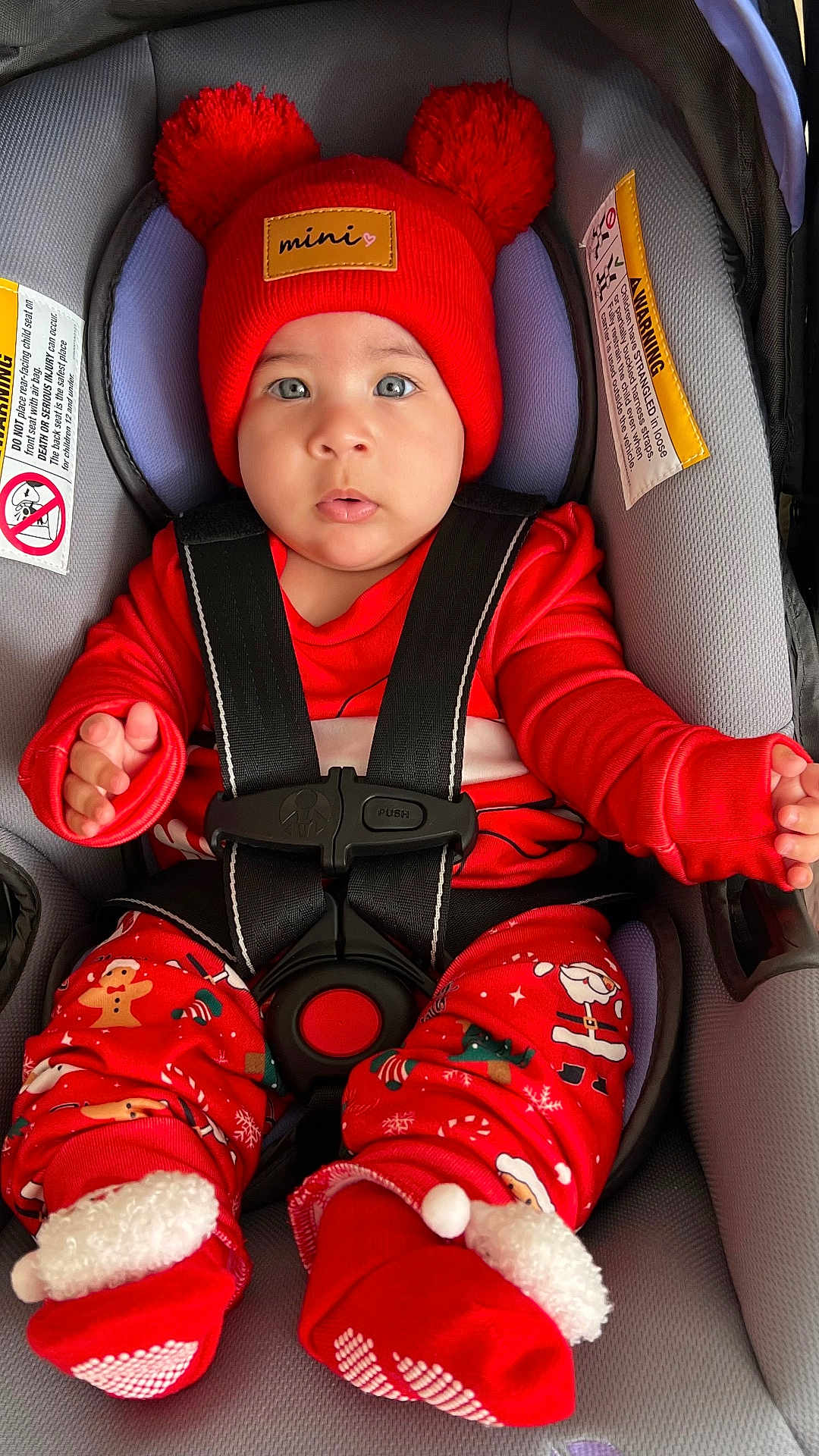 Rosie Mendieta is registered to the contest to win money with this photo: baby, infant, car_seat, red_hat, pom_poms, holiday_pajamas, seat_harness, closeup, portrait, blue_eyes, cute, festive, socks, hands, lips, soft_padding, winter_clothing, warning_label, straps, sitting