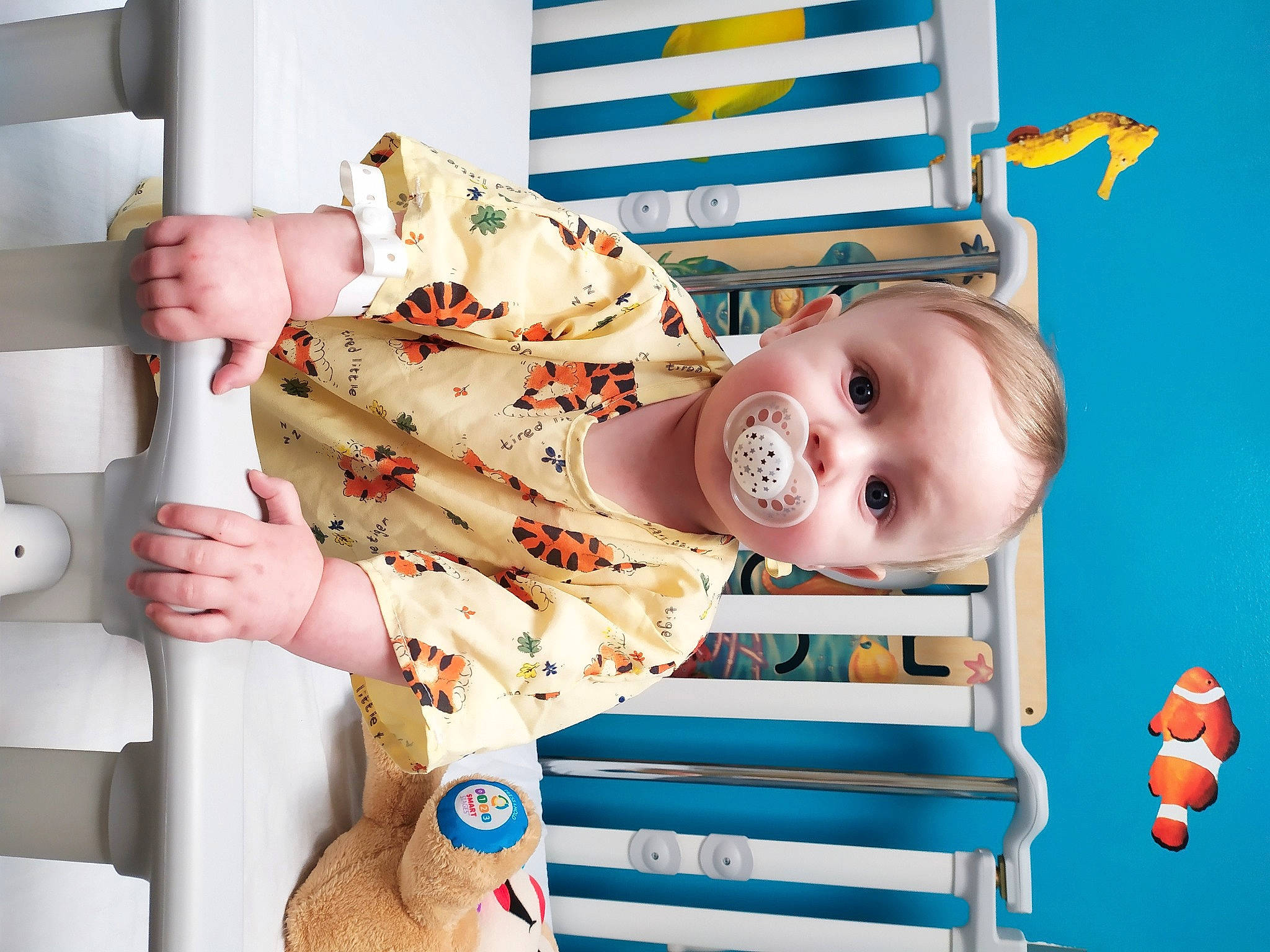 Stewart joined the competition — help win amazing prizes! baby, baby_products, baby_safety, baby_sleeping, baby_toddler_clothing, child, finger, furniture, hand, infant_bed, linens, nursery, person, play, product, room, textile, toddler, yellow