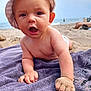 baby, beach, sand, towel, hat, ocean, water, child, sunhat, outdoor, summer, toddler, skin, hand, portrait, closeup, happy, fun, vacation, nature