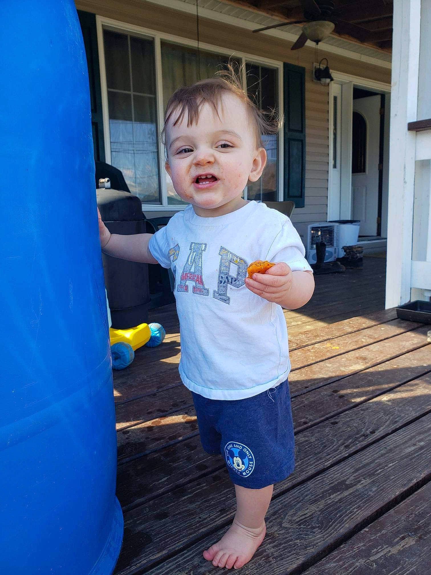 Jiraiya joined the competition — help win amazing prizes! baby_toddler_clothing, barefoot, bermuda_shorts, blue, building, child, door, electric_blue, fun, house, leisure, person, porch, recreation, shorts, smile, standing, summer, t_shirt, toddler