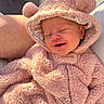baby, child, smiling, sleeping, pink, onesie, hood, fluffy, soft, cute, face, infant, cozy, warm, sunlight, portrait, resting, happy, closeup, person