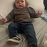 Zachary joined the competition — help win amazing prizes! baby, child, hoodie, jeans, sneakers, bed, pillow, diaper_wipes, person, indoor, cute, casual_clothing, childhood, infant, relaxing, young_child, headwear, footwear, portrait, cozy