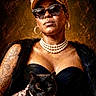 accessories, animal, animal_clothing, black_cat, black_dress, confident, earrings, fashion, fur_stole, indoor, jewelry, leopard_print, luxury, pearl_necklace, pet, portrait, sunglasses, tattoo, tiara, woman