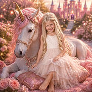Kyria is registered to the contest to win money with this photo: barefoot, blonde_hair, castle, child, cushion, dress, fairy_tale, fantastical, fantasy, flower_crown, flowers, garden, girl, jewelry, magic, pink, portrait, smiling, sparkles, unicorn