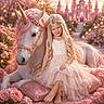 barefoot, blonde_hair, castle, child, cushion, dress, fairy_tale, fantastical, fantasy, flower_crown, flowers, garden, girl, jewelry, magic, pink, portrait, smiling, sparkles, unicorn