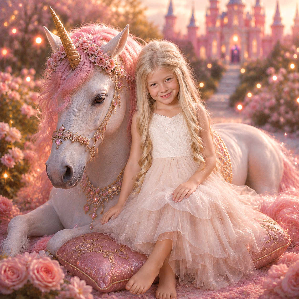 Kyria is registered to the contest to win money with this photo: barefoot, blonde_hair, castle, child, cushion, dress, fairy_tale, fantastical, fantasy, flower_crown, flowers, garden, girl, jewelry, magic, pink, portrait, smiling, sparkles, unicorn