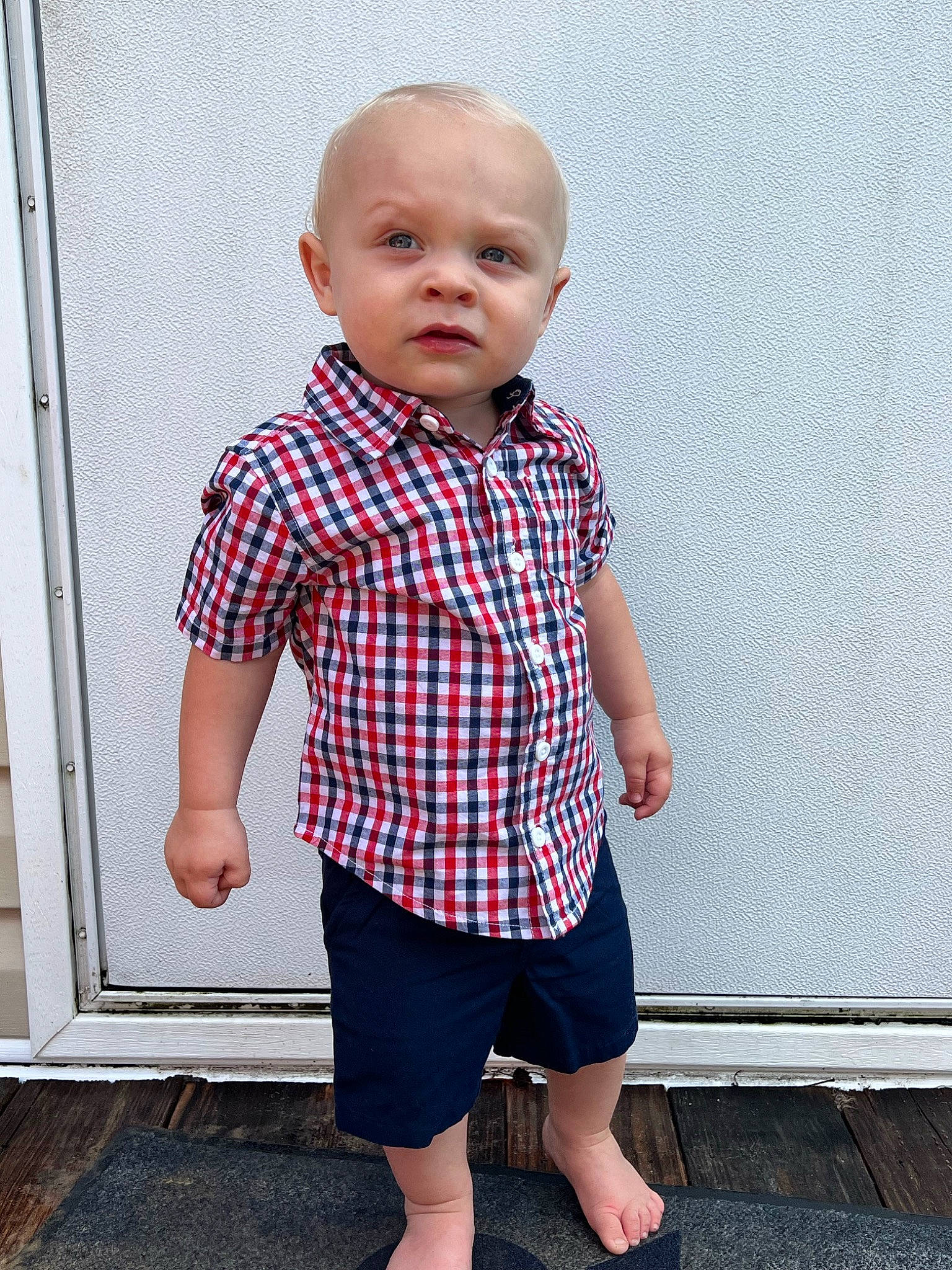 Lawson joined the competition — help win amazing prizes! baby_toddler_clothing, chin, clothing, collar, dress_shirt, facial_expression, grey, happy, head, joint, knee, outerwear, pattern, person, plaid, shoulder, sleeve, standing, t_shirt, tartan