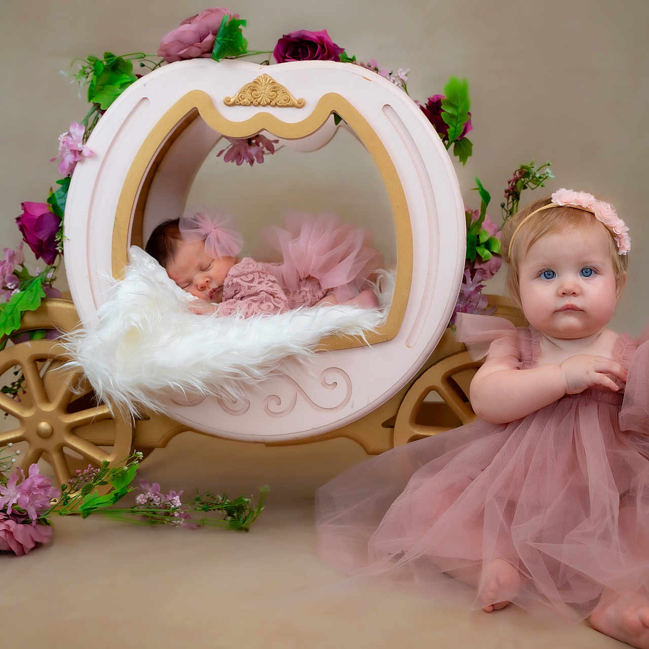 Sheïly a rejoint le concours — aidez-le/la à gagner de superbes lots ! adorable, baby, carriage, child, cute, decorative_flowers, fairy_tale, flower_crown, headband, infant, innocence, pink_dress, portrait, props, sitting, sleeping, soft_lighting, studio, tulle, young
