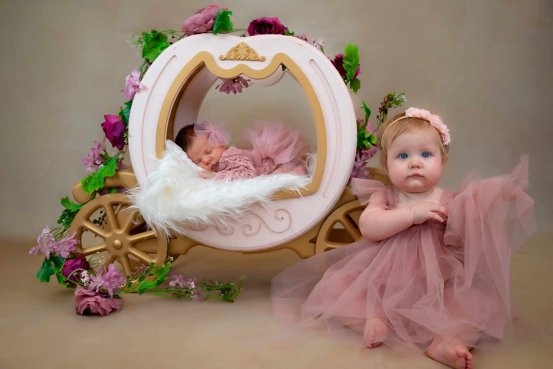 Sheïly a rejoint le concours — aidez-le/la à gagner de superbes lots ! baby, infant, child, tulle, pink_dress, flower_crown, carriage, sleeping, sitting, portrait, studio, soft_lighting, decorative_flowers, cute, adorable, props, fairy_tale, headband, innocence, young
