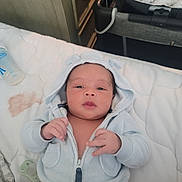 Lyam is registered to the contest to win money with this photo: baby, newborn, infant, hoodie, onesie, blanket, bed, pacifier, bottle, crib, stroller, hands, face, eyes, zipper, indoors, cute, soft_fabric, sleepwear, portrait