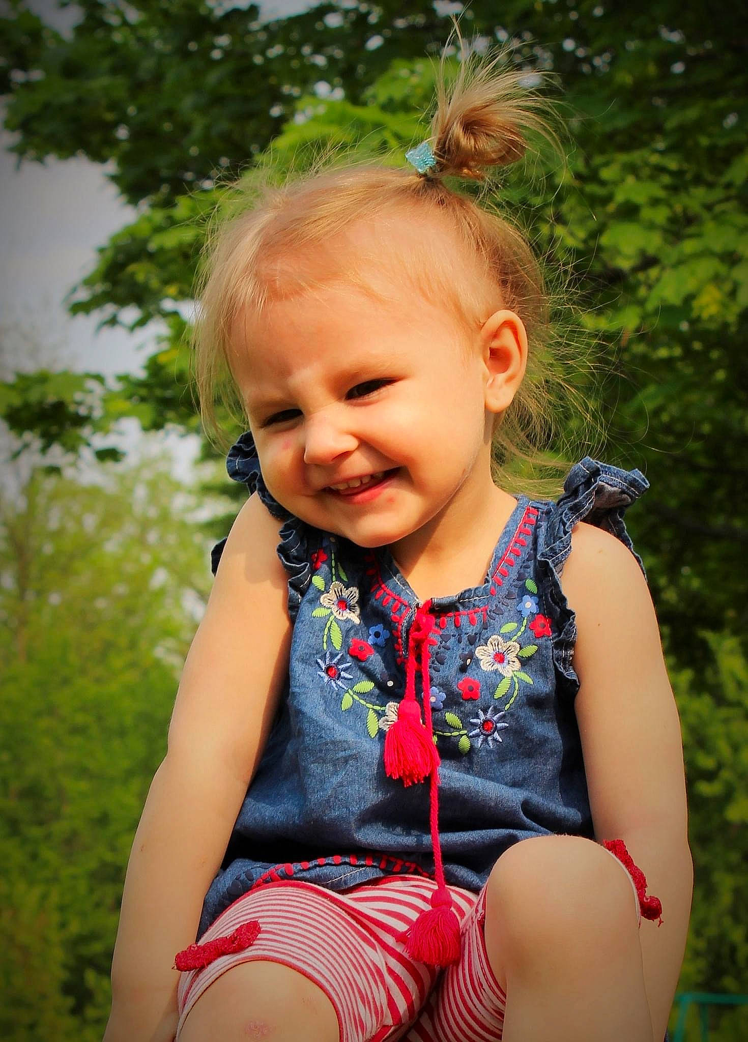 Gracie joined the competition — help win amazing prizes! baby, baby_toddler_clothing, blond, child, electric_blue, fun, grass, happy, iris, joy, leaf, leisure, people_in_nature, person, plant, skin, smile, standing, summer, thigh
