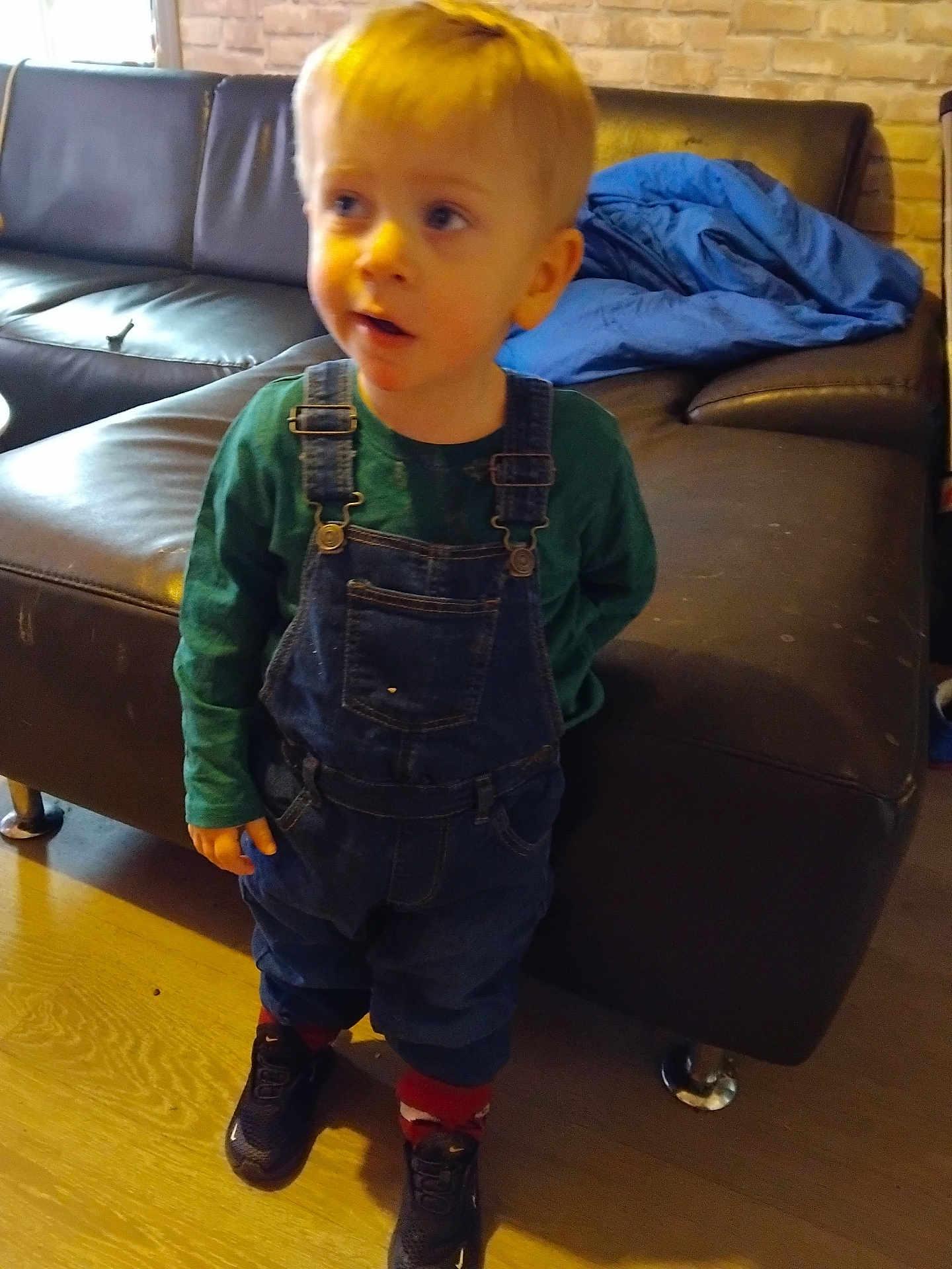 Kenzo a rejoint le concours — aidez-le/la à gagner de superbes lots ! child, toddler, boy, overalls, denim_overalls, green_shirt, blond_hair, sneakers, red_socks, leather_sofa, blanket, living_room, wooden_floor, standing, looking_up, portrait, curious, indoors, furniture, casual_clothing