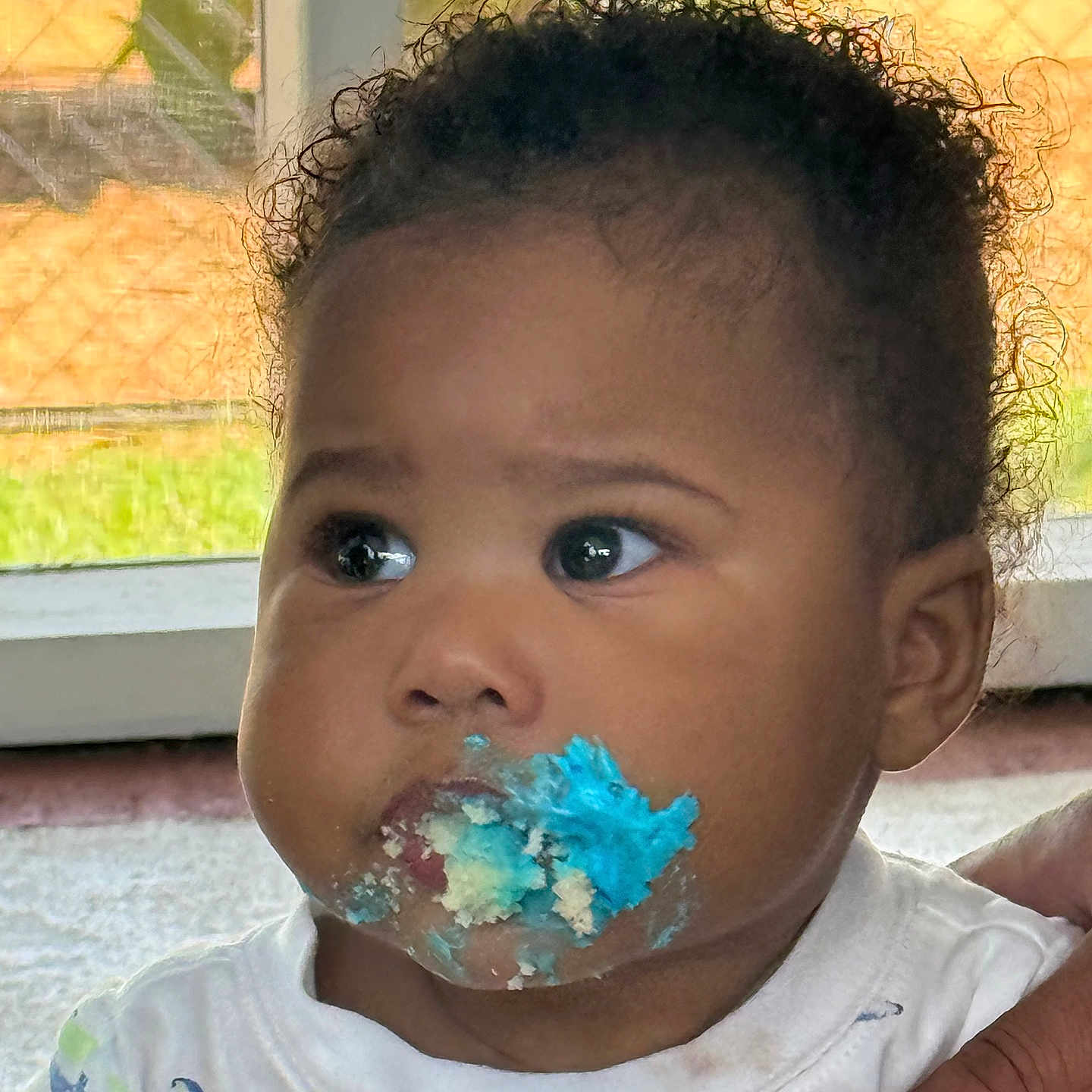 Caspian joined the competition — help win amazing prizes! baby, child, curly_hair, face, blue_frosting, cake, dinosaur_shirt, mouth, hand, indoor, window, curious, young_child, portrait, close_up, skin, clothing, person, messy, cute