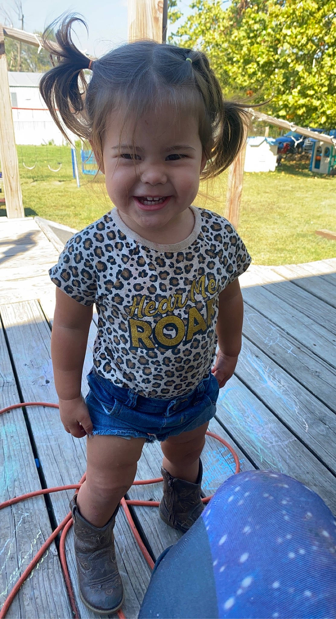 Scarlett joined the competition — help win amazing prizes! baby_toddler_clothing, blue, child, cool, electric_blue, facial_expression, fun, grass, happy, joy, leisure, pattern, person, plant, shorts, skin, sleeve, smile, snapshot, summer