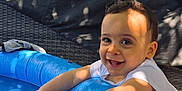 Amir participe au concours pour gagner de l'argent avec cette photo : toddler, child, smiling, pool, water, blue, outdoor, sunlight, shadow, tree, leaves, summer, play, happy, splashing, inflatable, clothing, person, face, daylight