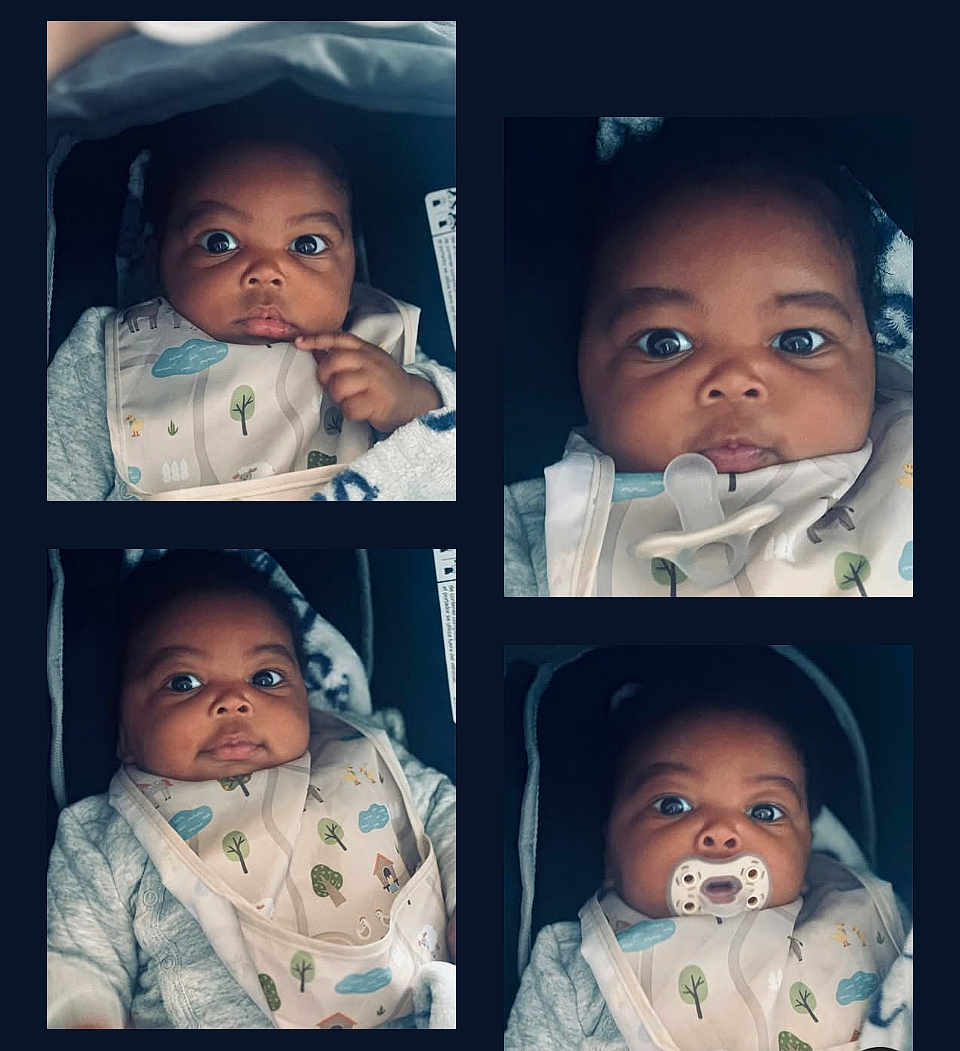 Lexington joined the competition — help win amazing prizes! baby, bib, blanket, car_seat, child, closeup, clothing, collage, curious, cute, expression, face, four_photos, indoor, infant, pacifier, portrait, soft_lighting, warm, young_child