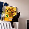 Azote participe au concours pour gagner de l'argent avec cette photo : black_cat, cat, radiator, lego_art, sunflowers, yellow, indoor, pet, animal, domestic_cat, feline, sitting, decor, plant, mirror, furniture, home, minimalist, wall, tail