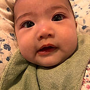 Ellie Victoria is registered to the contest to win money with this photo: baby, bib, blanket, cheeks, child, close_up, cute, expression, eyes, fabric, face, indoors, infant, mouth, nose, pattern, portrait, skin, soft, young