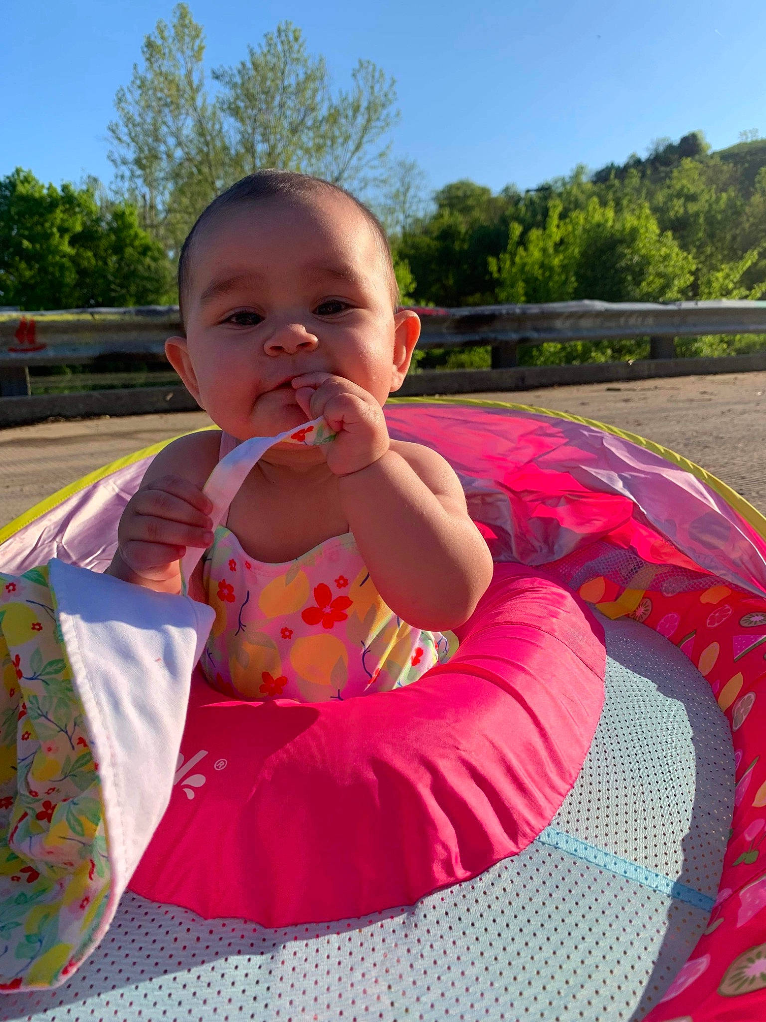 Lilah joined the competition — help win amazing prizes! baby, baby_toddler_clothing, child, cool, facial_expression, fun, grass, happy, head, leisure, lip, person, pink, plant, recreation, sky, sleeve, smile, summer, toddler