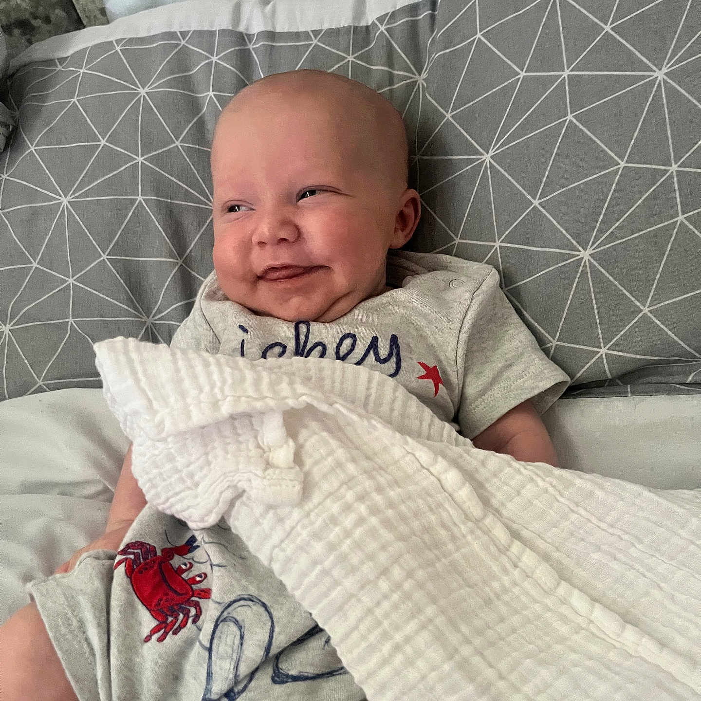 Tadhg is registered to the contest to win money with this photo: baby, bed, blanket, clothing, comfort, cute, face, geometric_pattern, grey, happy, head, indoors, infant, person, pillow, portrait, red_crab, resting, smiling, soft_texture
