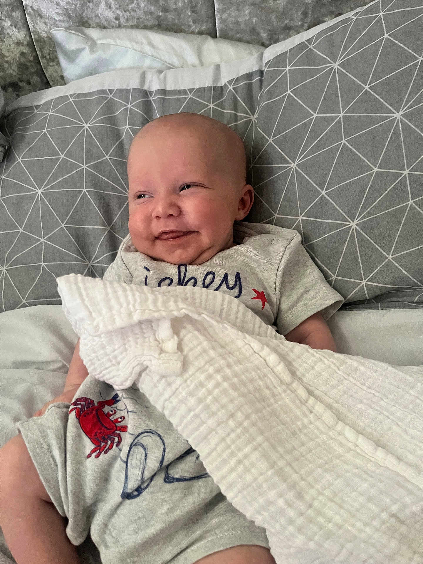 Tadhg is registered to the contest to win money with this photo: baby, smiling, bed, pillow, blanket, grey, geometric_pattern, clothing, red_crab, infant, cute, happy, face, head, resting, soft_texture, comfort, indoors, person, portrait