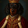 dog, crown, royal_clothing, portrait, black_and_tan, long_hair, fur, jewelry, red_cloak, gold_embroidery, regal, costume, decorative, animal_portrait, luxury, elegant, majestic, noble, indoor, studio_lighting