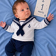 ëlio participe au concours pour gagner de l'argent avec cette photo : baby, infant, blue_blanket, milestone_card, clothing, navy_outfit, sailor_style, face, hands, feet, cute, child, portrait, lying_down, soft_texture, indoor, newborn, one_month, person, baby_clothes