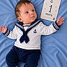 baby, infant, blue_blanket, milestone_card, clothing, navy_outfit, sailor_style, face, hands, feet, cute, child, portrait, lying_down, soft_texture, indoor, newborn, one_month, person, baby_clothes
